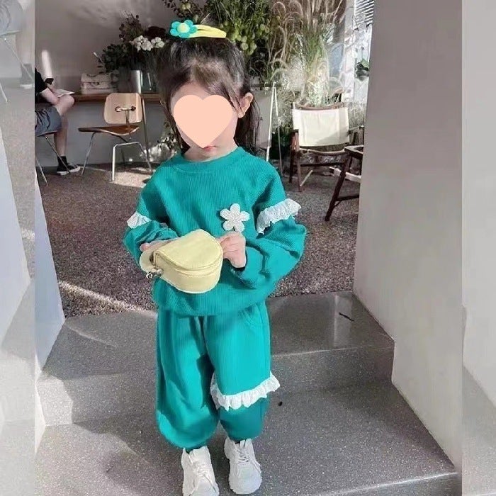 2024 Kids Korean Spring-Autumn Cute Loose Sweatshirt and Pants Set Green
