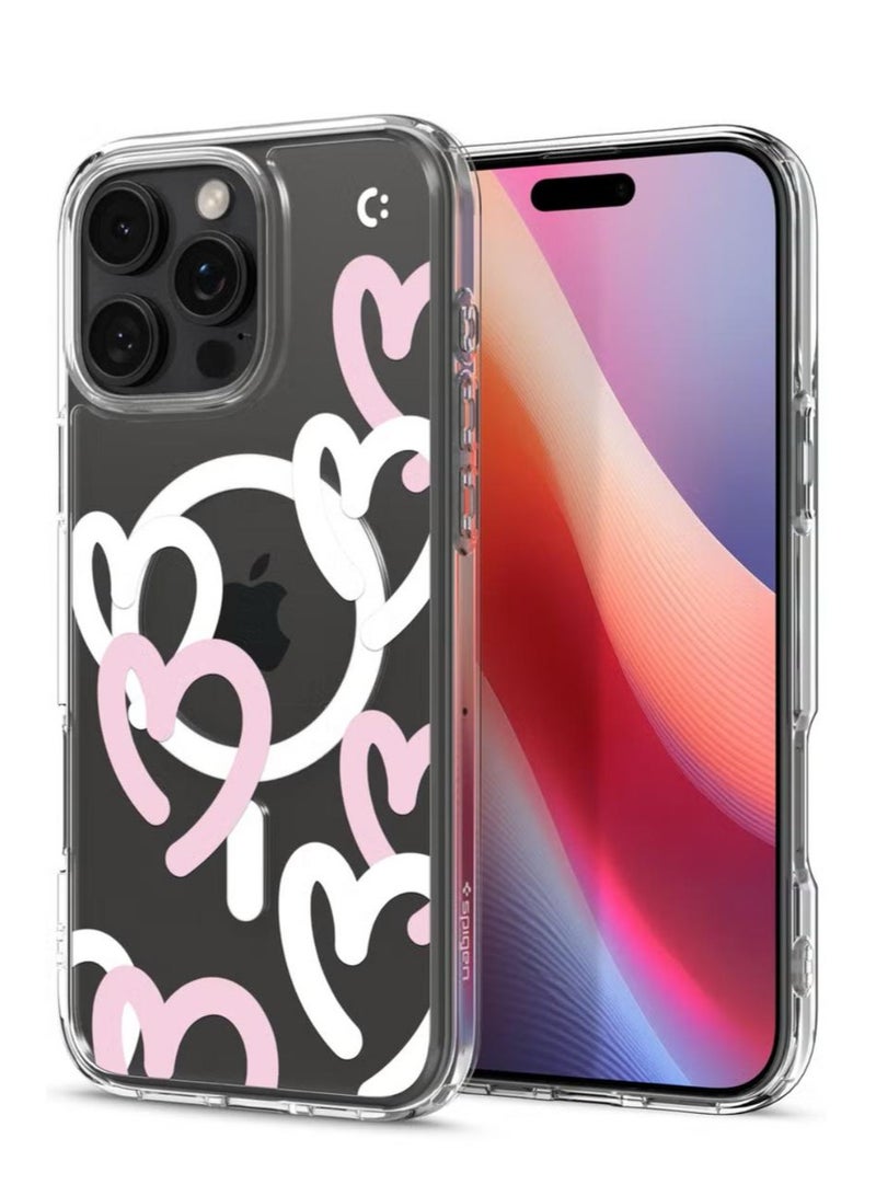 Spigen Ultra Hybrid MagFit for iPhone 16 Pro Case Cover with MagSafe (2024) Hearts White Pink - Image 1