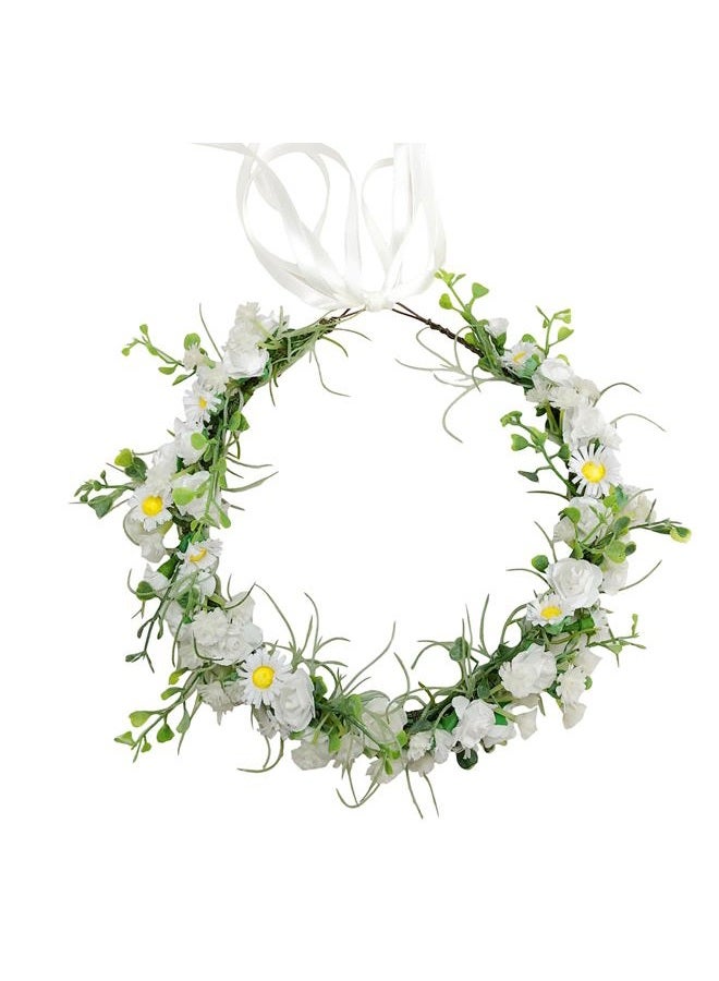 LLinfflr Women Floral Crown Rose Floral Headband Hair Wreath Flower Headpiece Halo Boho Party Prom Wedding Photos White - Image 1