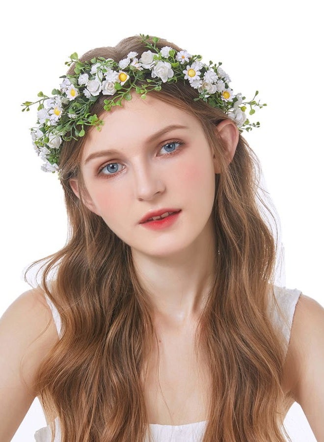 LLinfflr Women Floral Crown Rose Floral Headband Hair Wreath Flower Headpiece Halo Boho Party Prom Wedding Photos White - Image 2