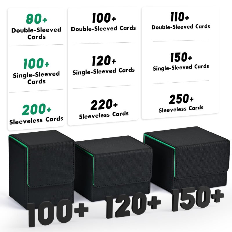 ZLCA Card Deck Box for MTG, Yugioh Deck Case Holds 100+ Single Sleeved Cards, PU Leather Magnetic Storage Box Fits for CCG TCG Sport Card (Black& Dark Green) - Image 2