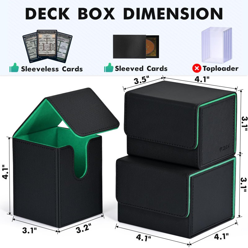 ZLCA Card Deck Box for MTG, Yugioh Deck Case Holds 100+ Single Sleeved Cards, PU Leather Magnetic Storage Box Fits for CCG TCG Sport Card (Black& Dark Green) - Image 3