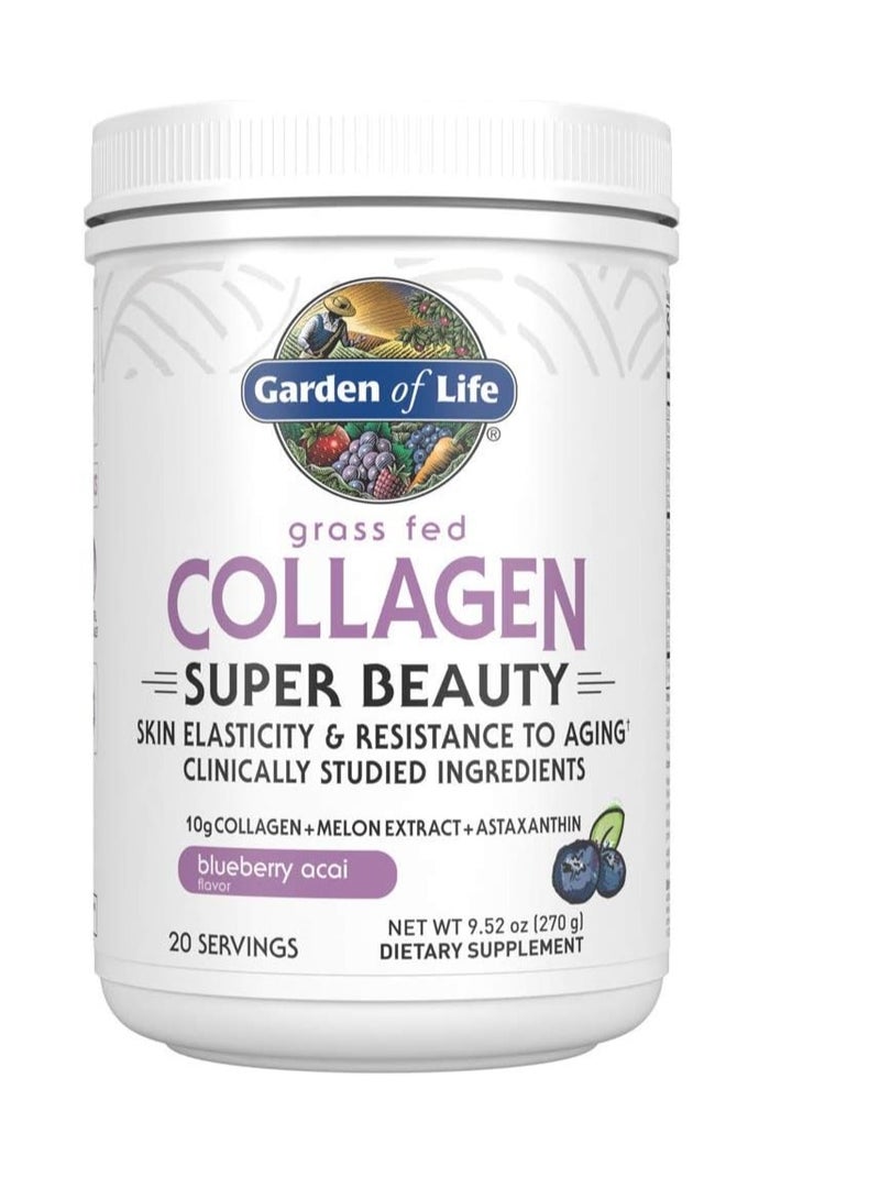 Garden of Life Grass Fed Collagen Super Beauty Powder Blueberry Acai for Women Skin Hair Nails Joints 9.52 oz 20 serving