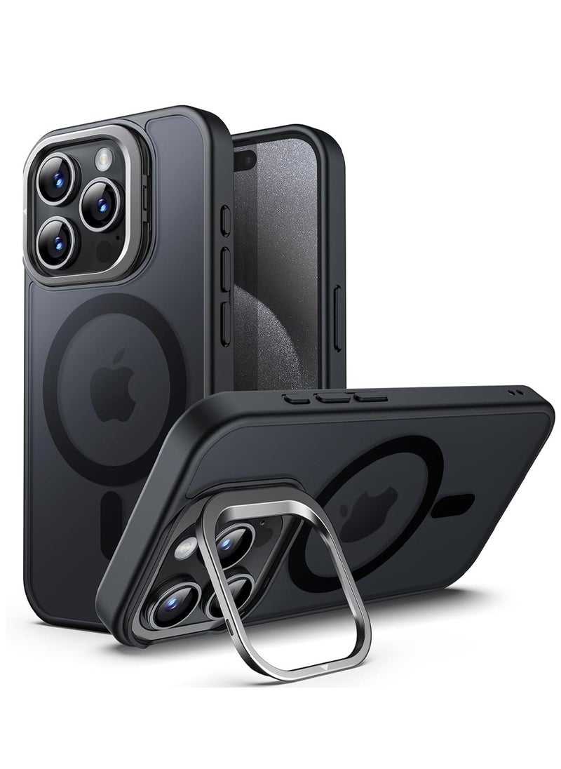 CaseNeo - Kickstand Case for iPhone 15 Pro Max 6.7-Inch Compatible with MagSafe, Built-in Adjustable Camera Stand, Translucent Matte Magnetic Back Slim Shockproof Phone Cover (Black Titanium) - Image 1