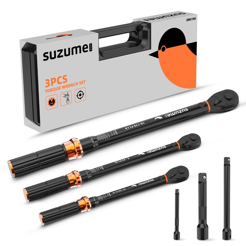 SUZUME 3PCS Torque Wrench Set 72 Teeth Dual-Direction Adjustable Torque Wrench Dual-Scales 1/4 & 3/8 & 1/2-Inch Â±3% Accuracy Click Torque Wrenches for Bicycle, Motorcycle, Car,Maintenance - Image 1