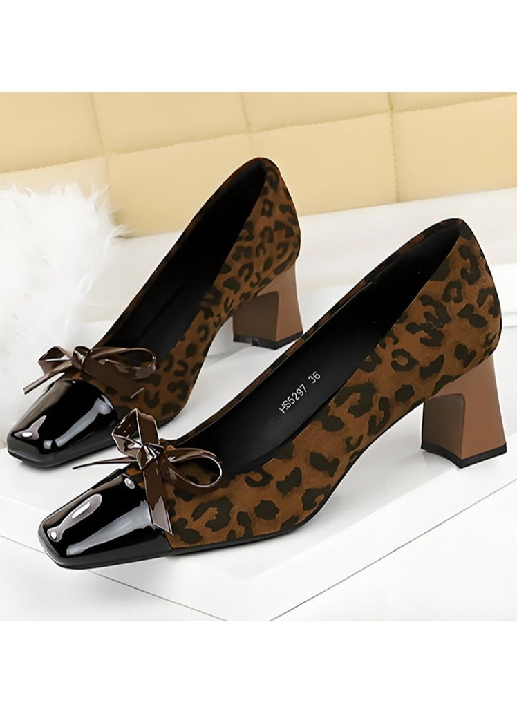 BIGTREE Women's Closed Square Toe Mid Heel Pump Bowknot Decoration Heels Leopard Print/Black 5CM - Image 1