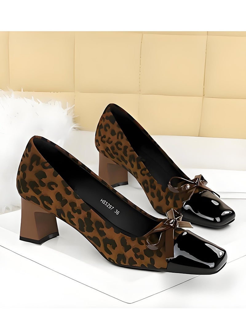 BIGTREE Women's Closed Square Toe Mid Heel Pump Bowknot Decoration Heels Leopard Print/Black 5CM - Image 2