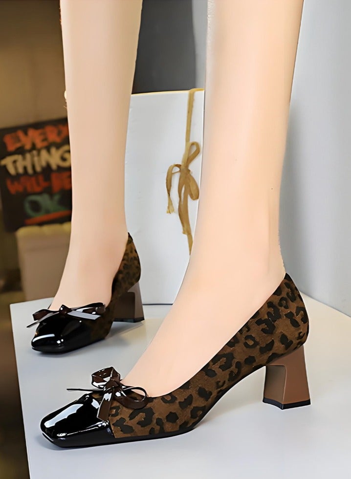 BIGTREE Women's Closed Square Toe Mid Heel Pump Bowknot Decoration Heels Leopard Print/Black 5CM - Image 3