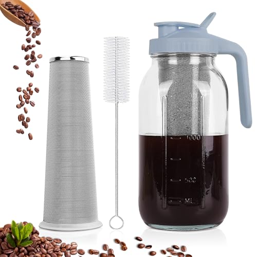 QHH Cold Brew Coffee Maker,64 oz Mason Jar Pitcher with Stainless Steel Filter, Pour Spout Handle Lid, Heavy Duty Glass Airtight & Leak-Proof Pitcher for iced coffee Tea Lemonade-Gray - Image 1