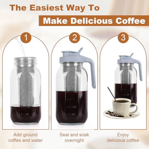 QHH Cold Brew Coffee Maker,64 oz Mason Jar Pitcher with Stainless Steel Filter, Pour Spout Handle Lid, Heavy Duty Glass Airtight & Leak-Proof Pitcher for iced coffee Tea Lemonade-Gray - Image 5