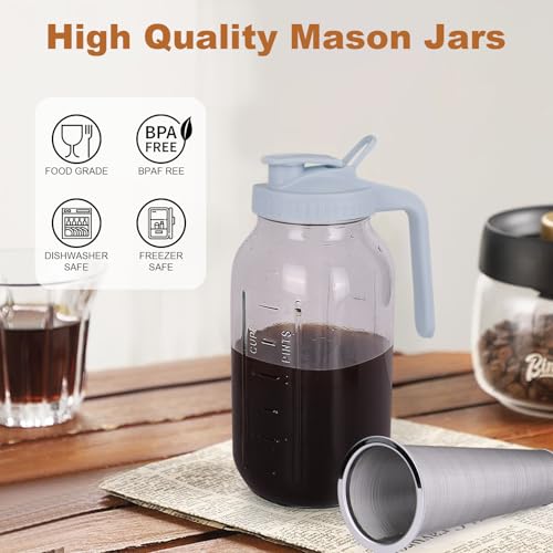 QHH Cold Brew Coffee Maker,64 oz Mason Jar Pitcher with Stainless Steel Filter, Pour Spout Handle Lid, Heavy Duty Glass Airtight & Leak-Proof Pitcher for iced coffee Tea Lemonade-Gray - Image 3