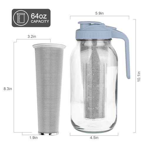 QHH Cold Brew Coffee Maker,64 oz Mason Jar Pitcher with Stainless Steel Filter, Pour Spout Handle Lid, Heavy Duty Glass Airtight & Leak-Proof Pitcher for iced coffee Tea Lemonade-Gray - Image 2