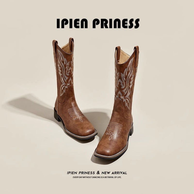 Maillard Boots Square Toe Thick Sole Thick Heel Embroidered Long Western Cowboy Boots For Women Spring & Fall Knight Boots - Image 5