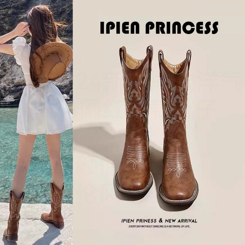 Maillard Boots Square Toe Thick Sole Thick Heel Embroidered Long Western Cowboy Boots For Women Spring & Fall Knight Boots - Image 3