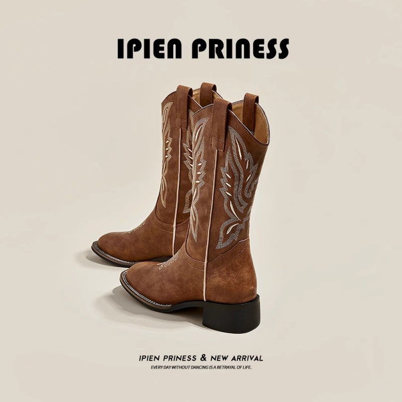 Maillard Boots Square Toe Thick Sole Thick Heel Embroidered Long Western Cowboy Boots For Women Spring & Fall Knight Boots - Image 4