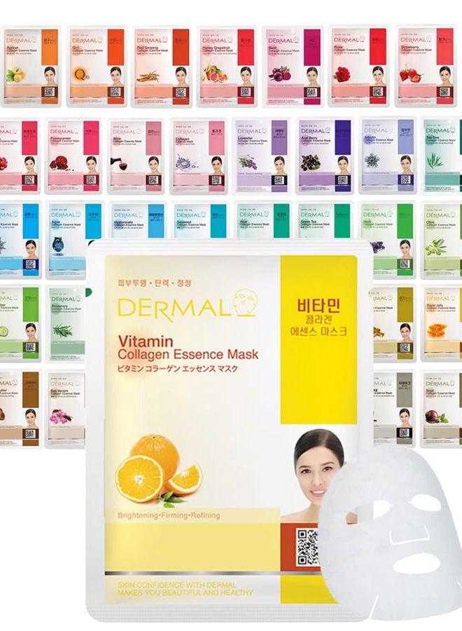 DERMAL 39 حزمة كومبو قناع وجه كوري من كولاجين إيسنس - قناع مرطب ومهدئ للوجه مع بانثينول - قناع ورقي للعناية الذاتية مضاد للحساسية لجميع أنواع البشرة - علاج سبا منزلي طبيعي - Image 1