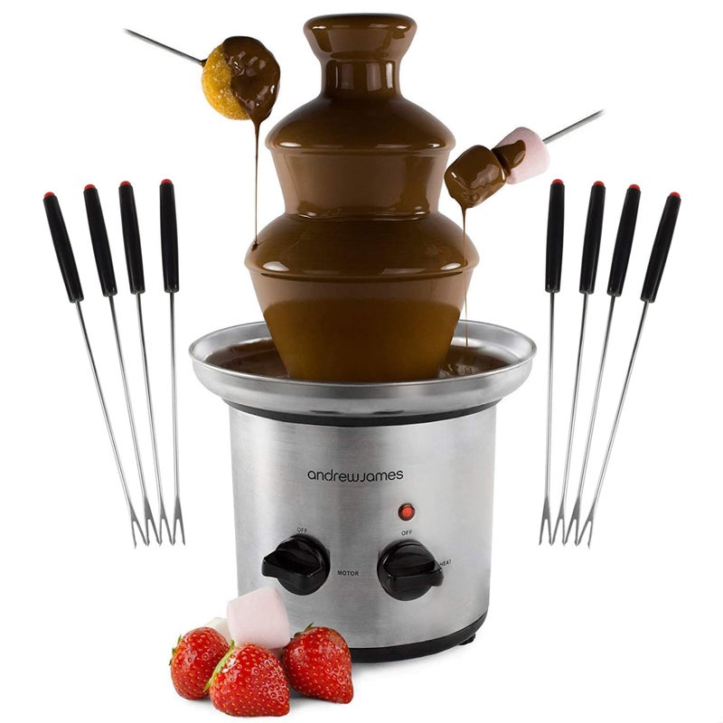 Andrew James Chocolate Fountain with 8 Skewers  3 Tiers Fondue Set with Extra Deep Drip Tray  Electric Fondue Set Great for Parties and Entertaining  1 L Capacity Chocolate Fountains