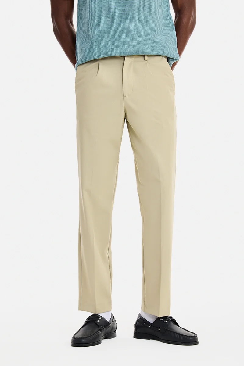 سنيتش Beige Textured Regular Fit Formal Trousers