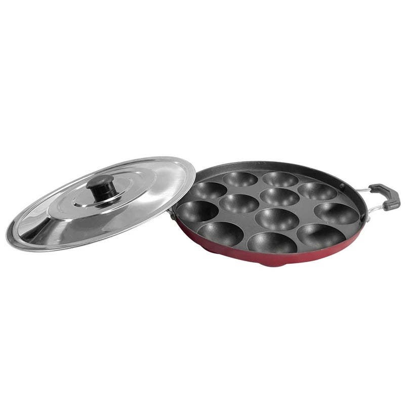 eslite Appam Pan with Lid, Aluminium Paniyarakkal Cookware with Lid 12 Cavity for Mini Idli Non-Stick Kadhai for Kitchen, Scratch Resistant Bakelite Cool Touch Handle Steel Lid, 1 Yr Warranty (Black) - Image 1