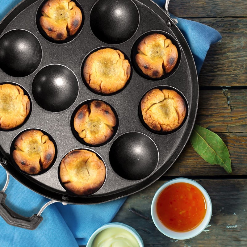 eslite Appam Pan with Lid, Aluminium Paniyarakkal Cookware with Lid 12 Cavity for Mini Idli Non-Stick Kadhai for Kitchen, Scratch Resistant Bakelite Cool Touch Handle Steel Lid, 1 Yr Warranty (Black) - Image 2