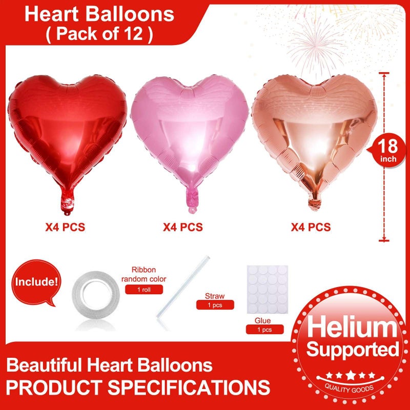 Lovoir 12 Pcs Red Heart Shape Foil Mylar Balloons 18 Inch Love Balloons for Valentine's Day Birthday Party Decorations Wedding Engagement Romantic Decor (Red & Pearl Pink & Rose Gold) - Image 2