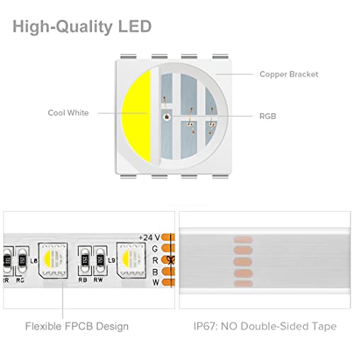 BTF-LIGHTING 5050 RGBW RGB+Cool White(6000K-7000K) 4 Colors in 1 LED Tape Light DC24V 5m 16.4ft 60LED/m Multi-Colored IP67 White 14mm PCB for Bedroom Kitchen Home Decoration(No Adapter or Controller) - Image 3