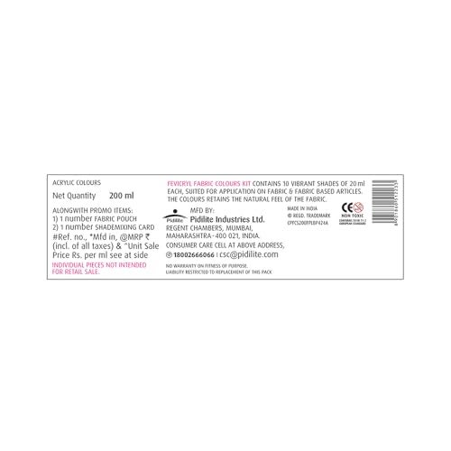 Pidilite Fevicryl Fabric Colour Kit- 20ml for Fabric Painting (10 X 20ml, Multicolour), Diwali Gift for artists, children, boys & girls - Image 5