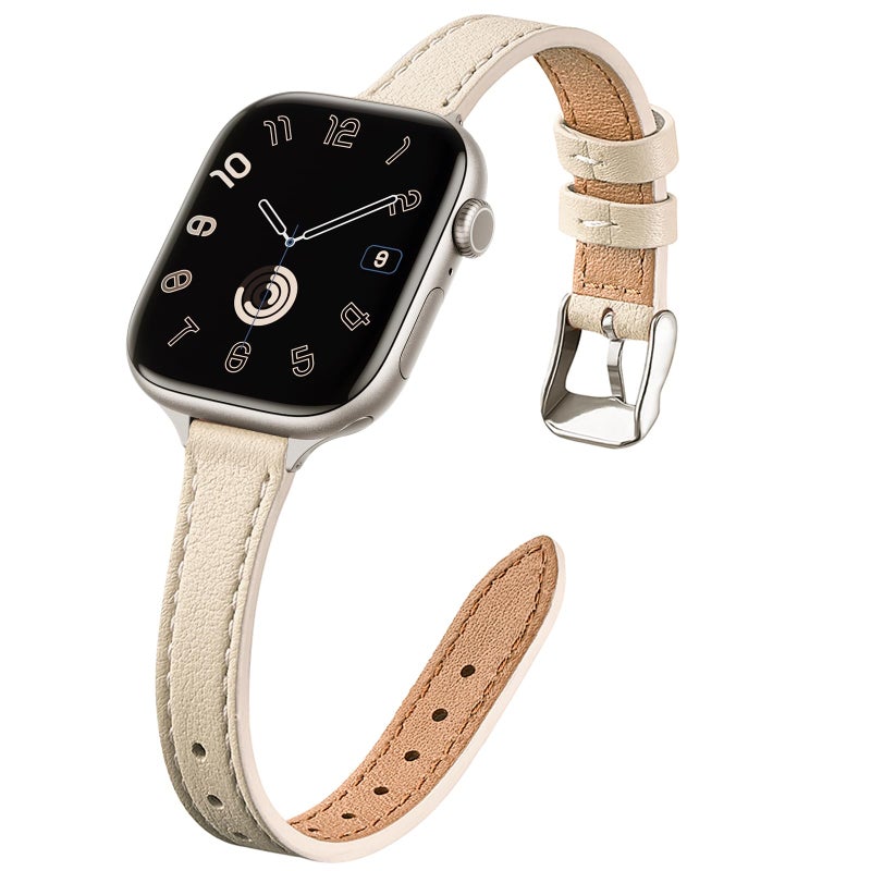 STIROLL Slim Leather Bands Compatible with Apple Watch Band 38mm 40mm 41mm 42mm(Series 11 10), Top Grain Leather Watch Thin Wristband for iWatch SE 9 8 7 6 5 4 3 2 1 (Beige Silver) - Image 1
