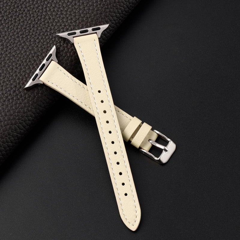 STIROLL Slim Leather Bands Compatible with Apple Watch Band 38mm 40mm 41mm 42mm(Series 11 10), Top Grain Leather Watch Thin Wristband for iWatch SE 9 8 7 6 5 4 3 2 1 (Beige Silver) - Image 2