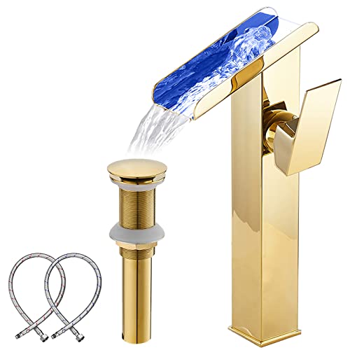 YCCUZA Bathroom Vessel Faucet Gold Waterfall Open Spout Basin Faucet Led Color Changing by Temperature for Bowl Sink with 1Hole Right Handle Without Overflow Pop Up Drain Stopper Supply Hoses Lavatory Basin - Image 1