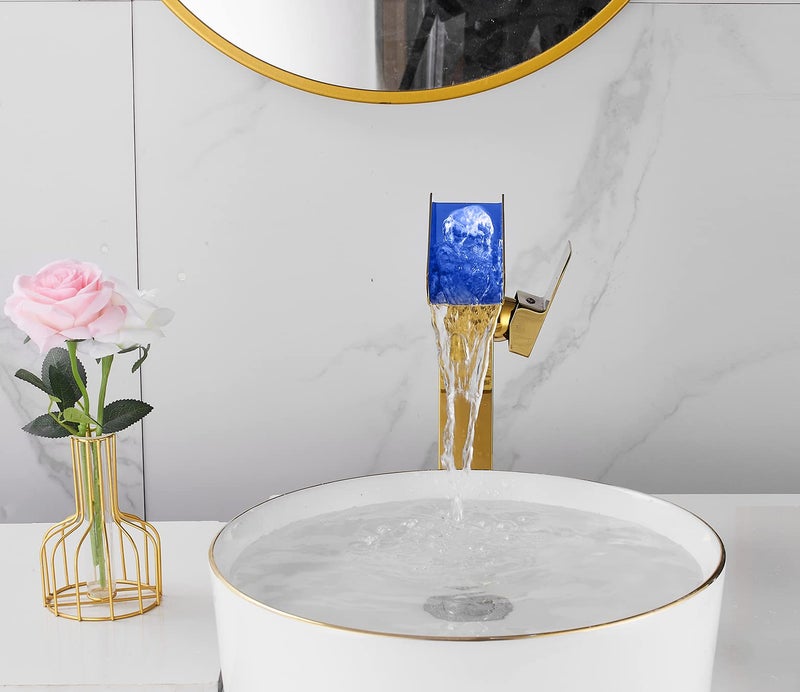 YCCUZA Bathroom Vessel Faucet Gold Waterfall Open Spout Basin Faucet Led Color Changing by Temperature for Bowl Sink with 1Hole Right Handle Without Overflow Pop Up Drain Stopper Supply Hoses Lavatory Basin - Image 4
