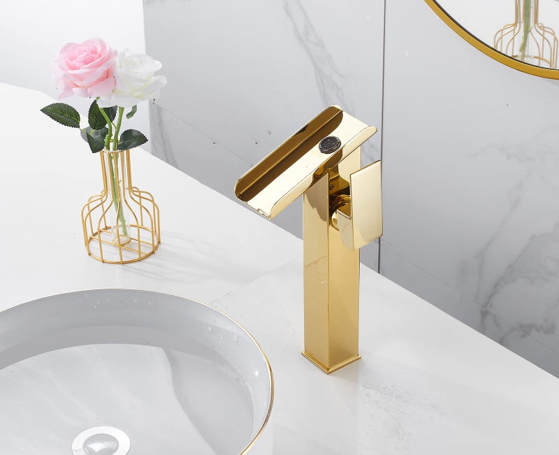 YCCUZA Bathroom Vessel Faucet Gold Waterfall Open Spout Basin Faucet Led Color Changing by Temperature for Bowl Sink with 1Hole Right Handle Without Overflow Pop Up Drain Stopper Supply Hoses Lavatory Basin - Image 5