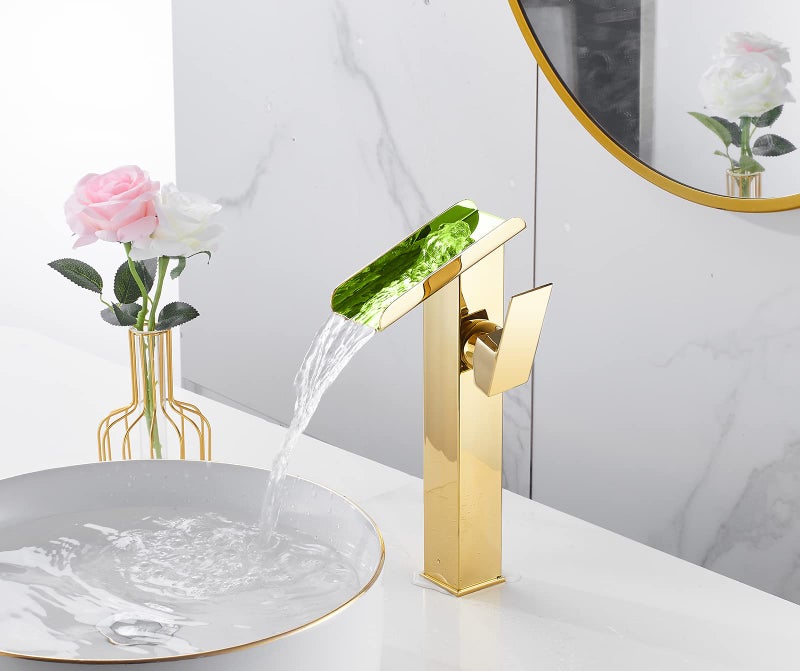 YCCUZA Bathroom Vessel Faucet Gold Waterfall Open Spout Basin Faucet Led Color Changing by Temperature for Bowl Sink with 1Hole Right Handle Without Overflow Pop Up Drain Stopper Supply Hoses Lavatory Basin - Image 3