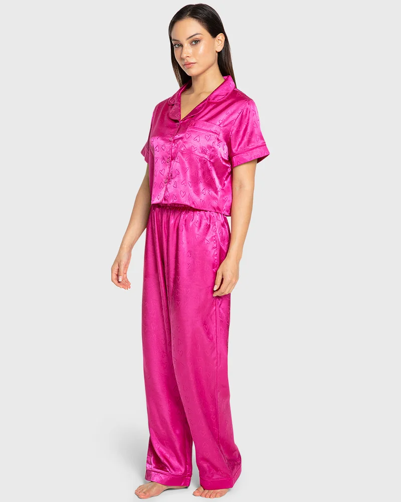Isla & Evie Isla & Evie Dark Pink Heart Satin Pajama Set