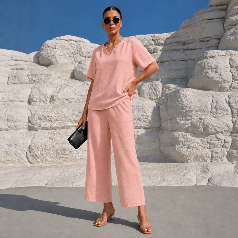 Women's Solid Color V-Neck Short Sleeve Top and Wide Leg Pants Set - Image 4