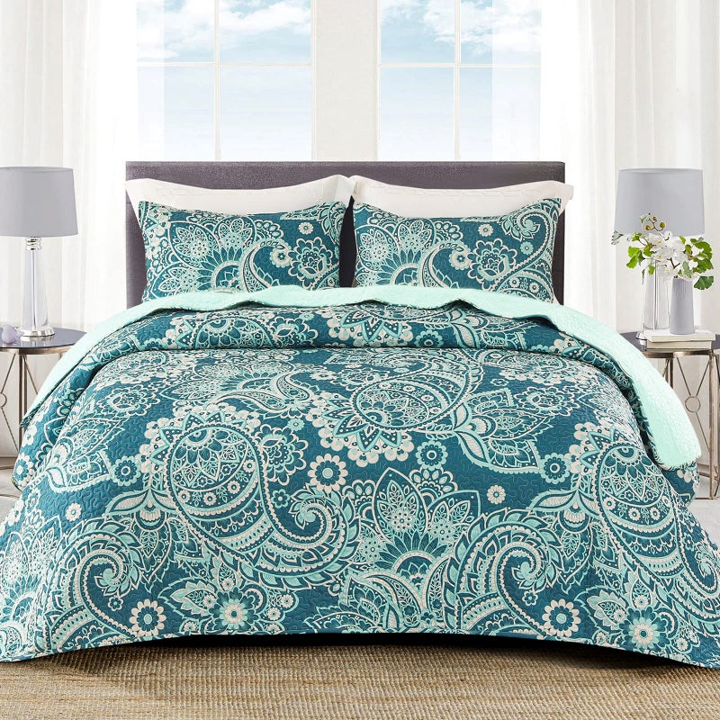 Whale Flotilla Reversible Paisley Quilts Full Queen Size Lightweight Boho Printed Bedspreads Coverlets Quilt Bedding Set with 2 Pillow Shams for All Seasons Turquoise