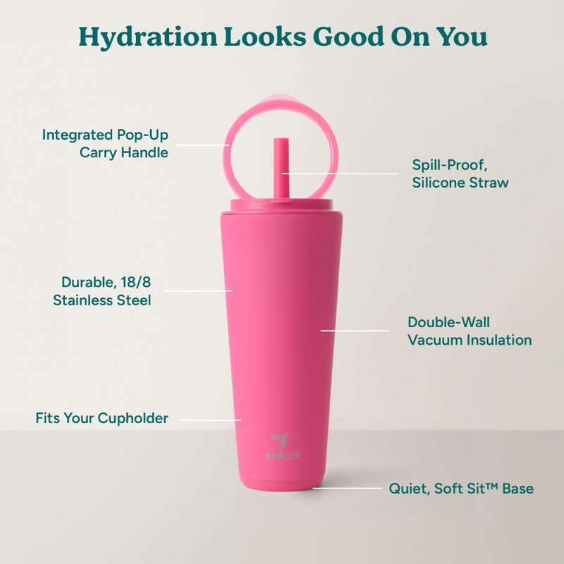 REDUCE Halo 32 oz Stainless Steel Vacuum Insulated Tumbler - Spill Proof Travel Mug with Flip Handle Lid - Keeps Drinks Cold for 32 Hrs - Dishwasher Safe - Cupholder Friendly - Dragon Fruit - Image 4