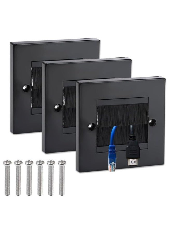 3 PCS Brush Wall Plate Cable Passthrough Wall Outlet, Wall Mounted Brush Faceplate, Single Gang Cable Access Strap, Tidy Cable Pass Through Insert, Standard Black Wallplate with Black Brushes - Image 1