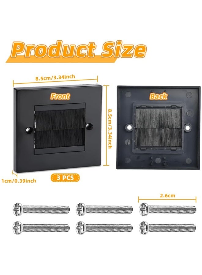 3 PCS Brush Wall Plate Cable Passthrough Wall Outlet, Wall Mounted Brush Faceplate, Single Gang Cable Access Strap, Tidy Cable Pass Through Insert, Standard Black Wallplate with Black Brushes - Image 2