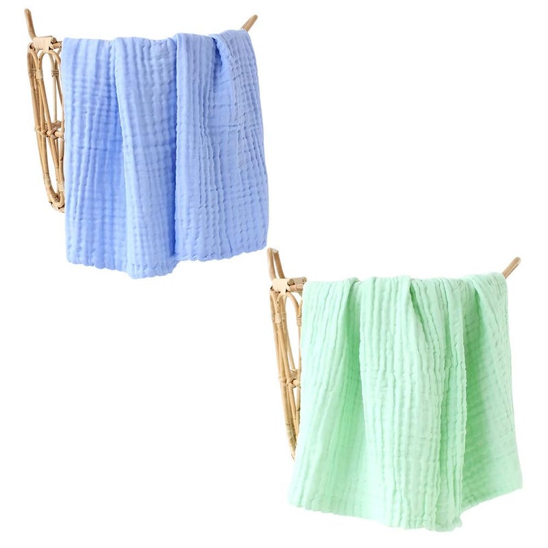 Just Goods Organic 100% Cotton Muslin Baby Bath Towel - Super Absorbent, Extra Soft, Eco-Friendly, Multi-Use for Newborns, Infants, Kids Boys & Girls | Combo Pack of 2, Blue + Green Towel - Image 1