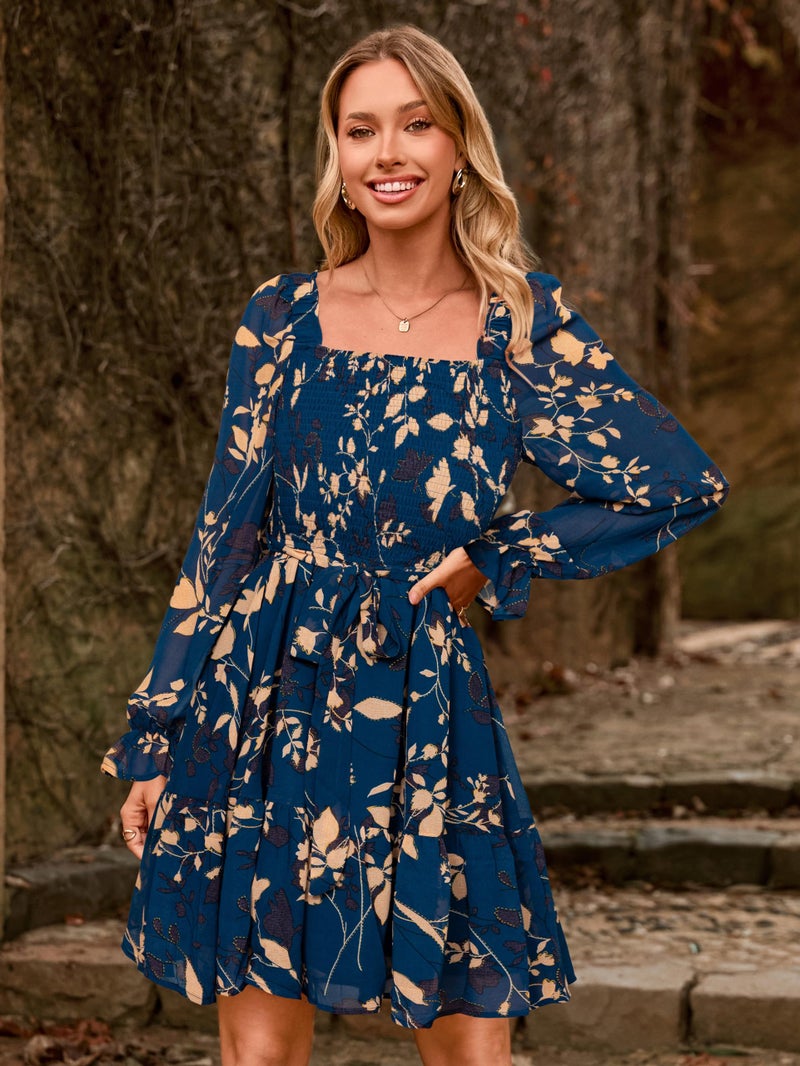 Simplee Womens Floral Long Sleeve Mini Dress Square Neck Smocked Empire Waist Flowy Boho Western Wedding Guest Dresses Blue Green L - Image 3