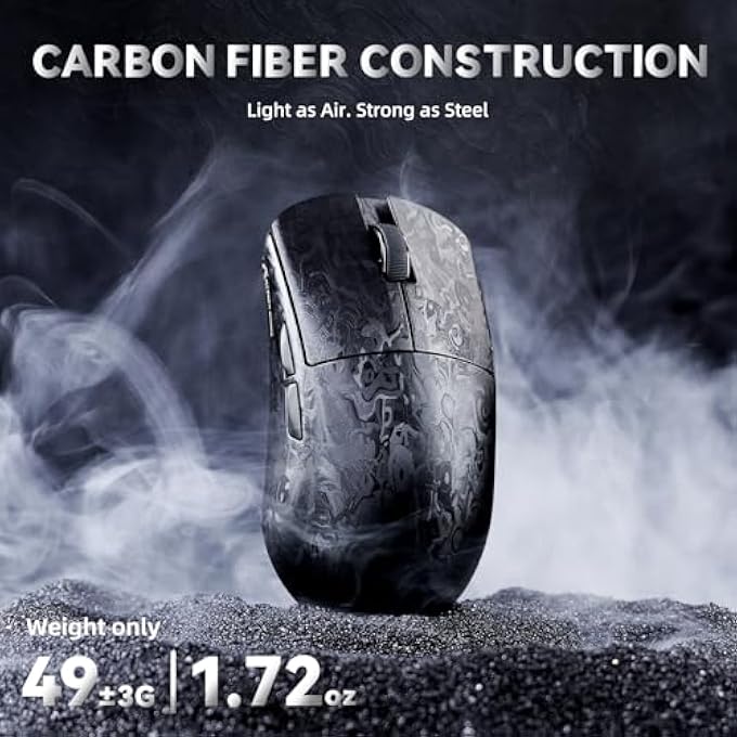rayihni ماوس ألعاب لاسلكي R11 ULTRA 8K من ألياف الكربون، مستشعر PAW3950 MAX، وزن خفيف جداً 49 جرام، شريحة MCU نوردية 52840، 42000 DPI، شريط، ماوس قابل للبرمجة سلكي/بلوتوث/2.4GHz للكمبيوتر/ماك (حبر)  - Image 3