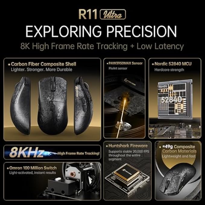 rayihni ماوس ألعاب لاسلكي R11 ULTRA 8K من ألياف الكربون، مستشعر PAW3950 MAX، وزن خفيف جداً 49 جرام، شريحة MCU نوردية 52840، 42000 DPI، شريط، ماوس قابل للبرمجة سلكي/بلوتوث/2.4GHz للكمبيوتر/ماك (حبر)  - Image 2