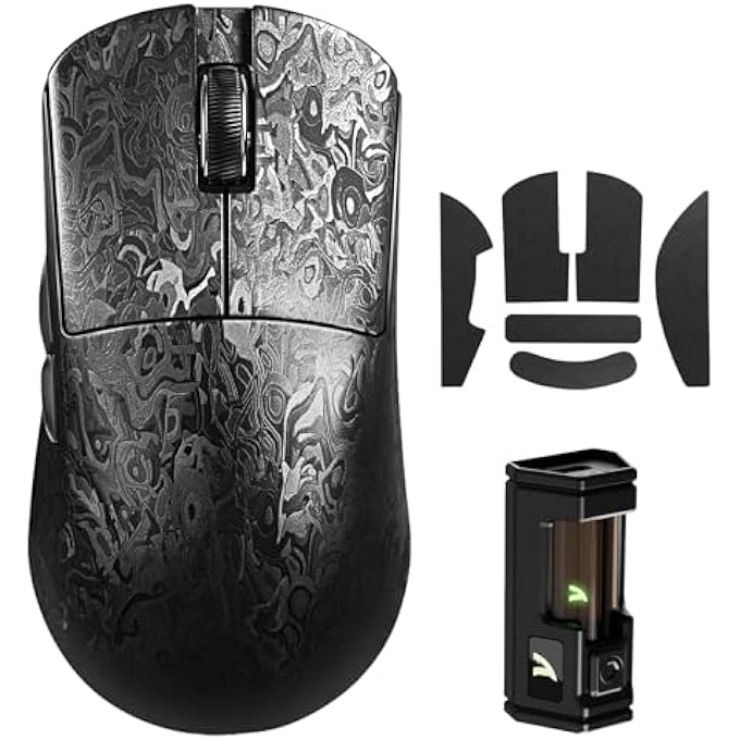 rayihni ماوس ألعاب لاسلكي R11 ULTRA 8K من ألياف الكربون، مستشعر PAW3950 MAX، وزن خفيف جداً 49 جرام، شريحة MCU نوردية 52840، 42000 DPI، شريط، ماوس قابل للبرمجة سلكي/بلوتوث/2.4GHz للكمبيوتر/ماك (حبر)  - Image 1