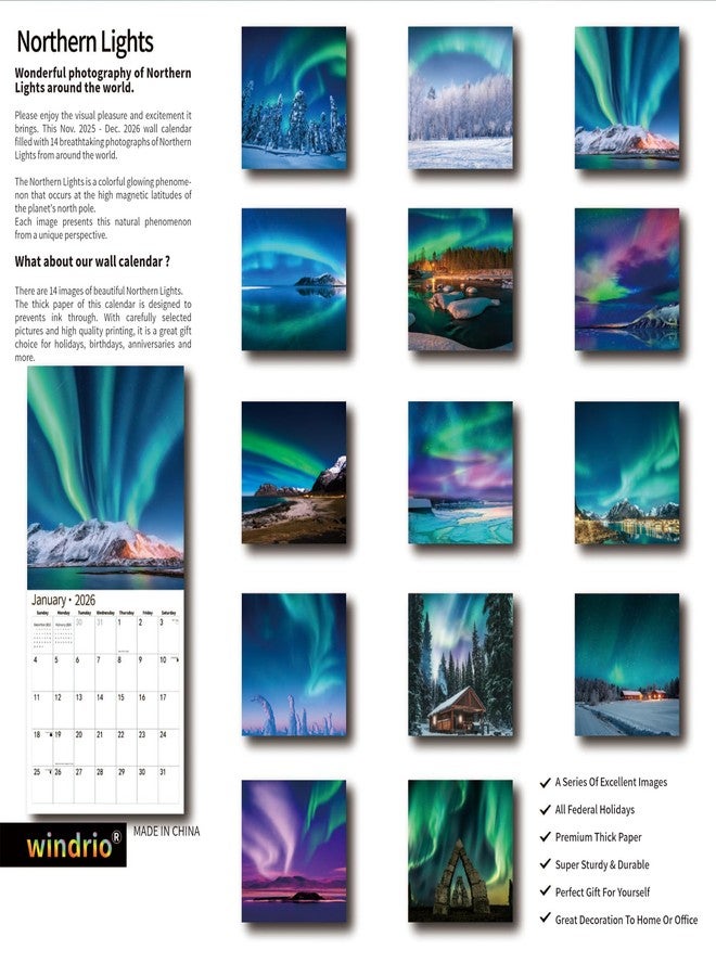 windrio 2026 Wall Calendar,Calendar 2026, November 2025 - December 2026, Wall Calendar Aurora, 12" x 24" Opened,Full Page Months Thick & Sturdy Paper for Calendar Organizing & Planning - Image 2
