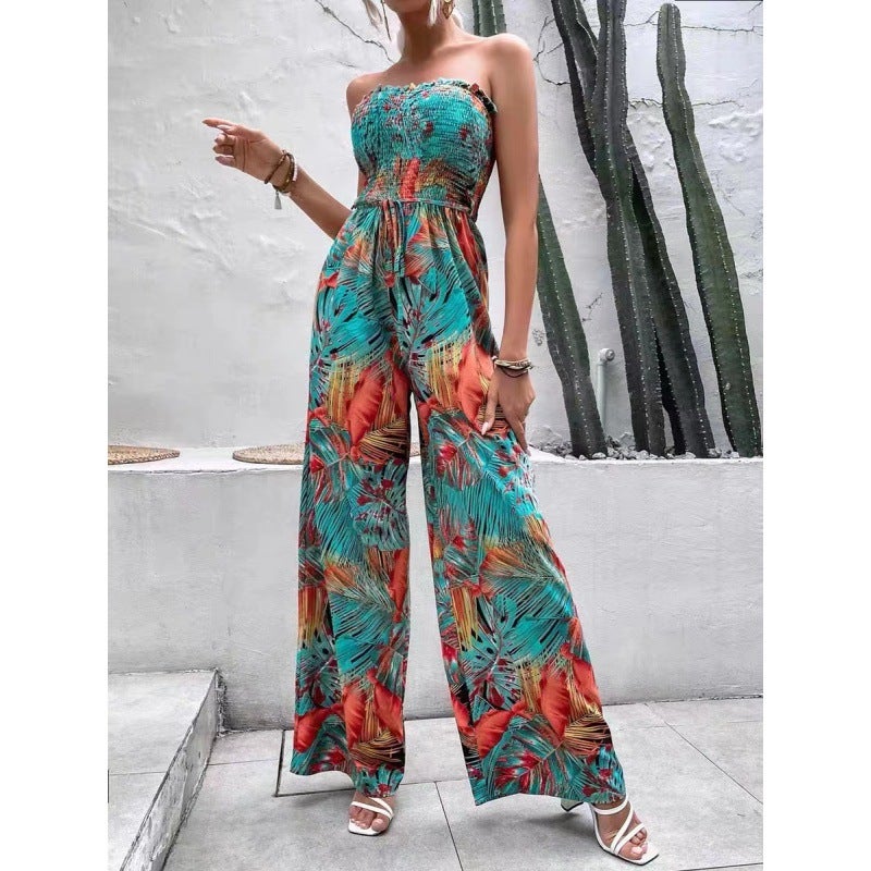 Summer Strapless Jumpsuit Wide Leg Print Green - Image 2