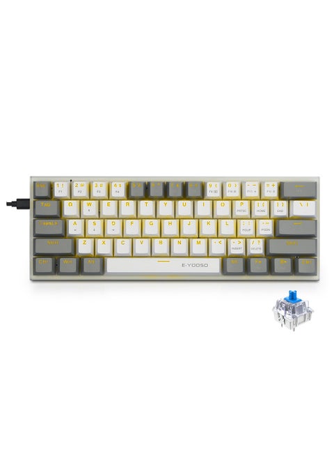 Z-11 60% Mechanical Gaming Keyboard,Blue Switch 61 Keys Wired Compact Keyboard,Yellow Backlit and Metal Panel for Windows,Mac OS-White Grey