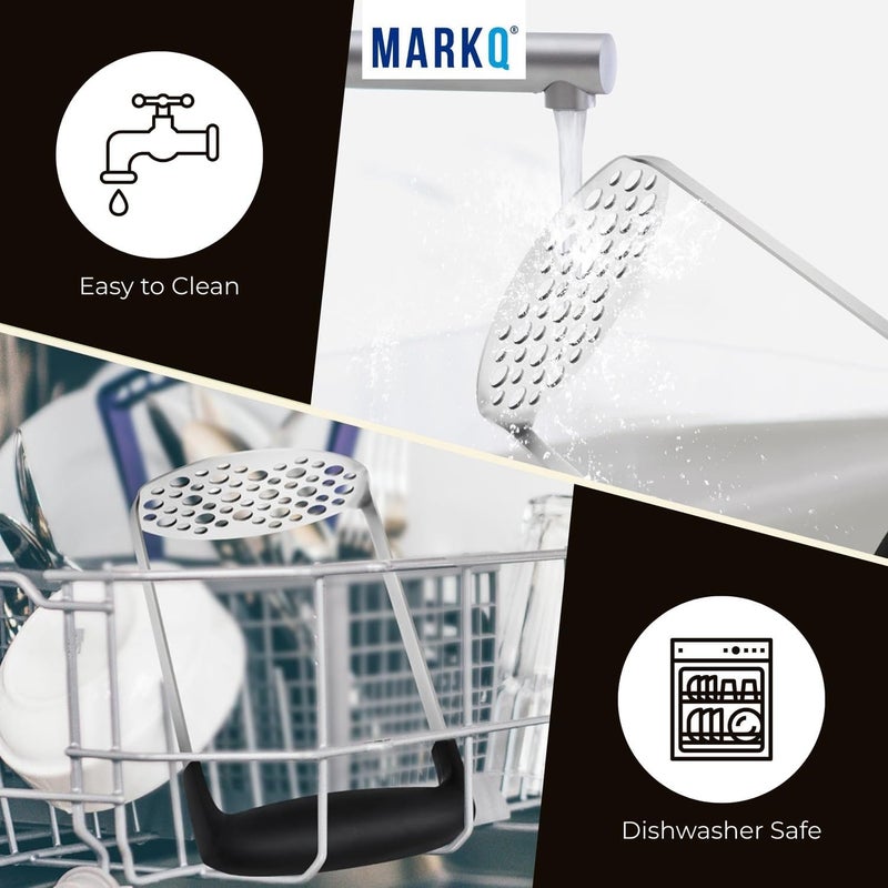 MARKQ Stainless Steel Potato Masher – 17.5 cm Manual Hand Masher with Ergonomic Handle & Fine-Grid Plate | Heavy-Duty Stainless Masher Tool for Potatoes, Vegetables & Fruits, Easy to Clean - Black - Image 5