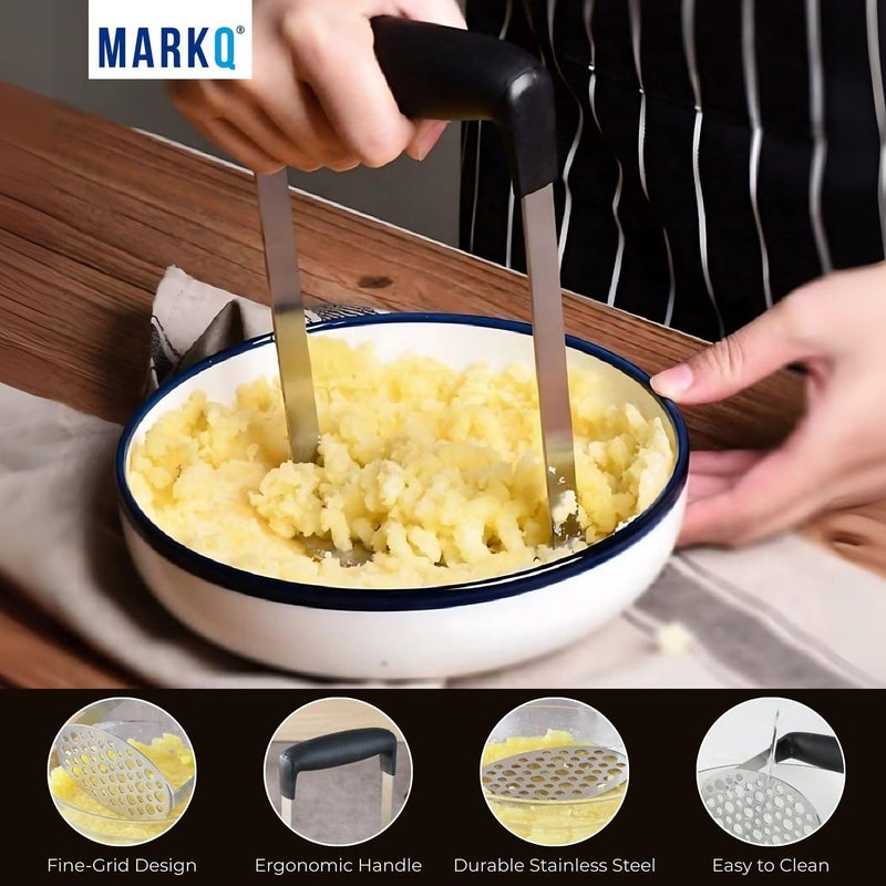 MARKQ Stainless Steel Potato Masher – 17.5 cm Manual Hand Masher with Ergonomic Handle & Fine-Grid Plate | Heavy-Duty Stainless Masher Tool for Potatoes, Vegetables & Fruits, Easy to Clean - Black - Image 2