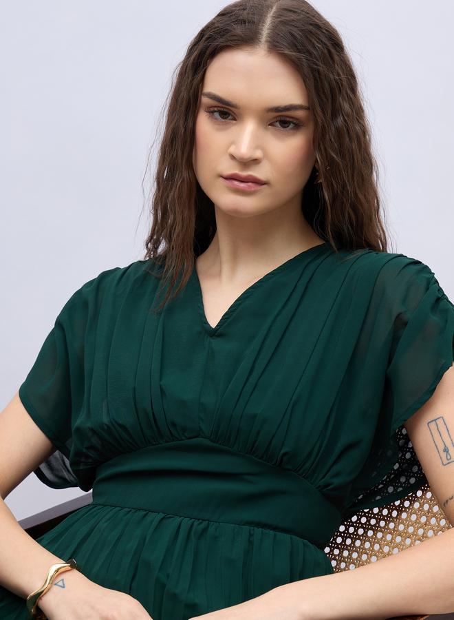 فستان ماكسي بأكمام طويلة مكشكشة وخصر مطاطي